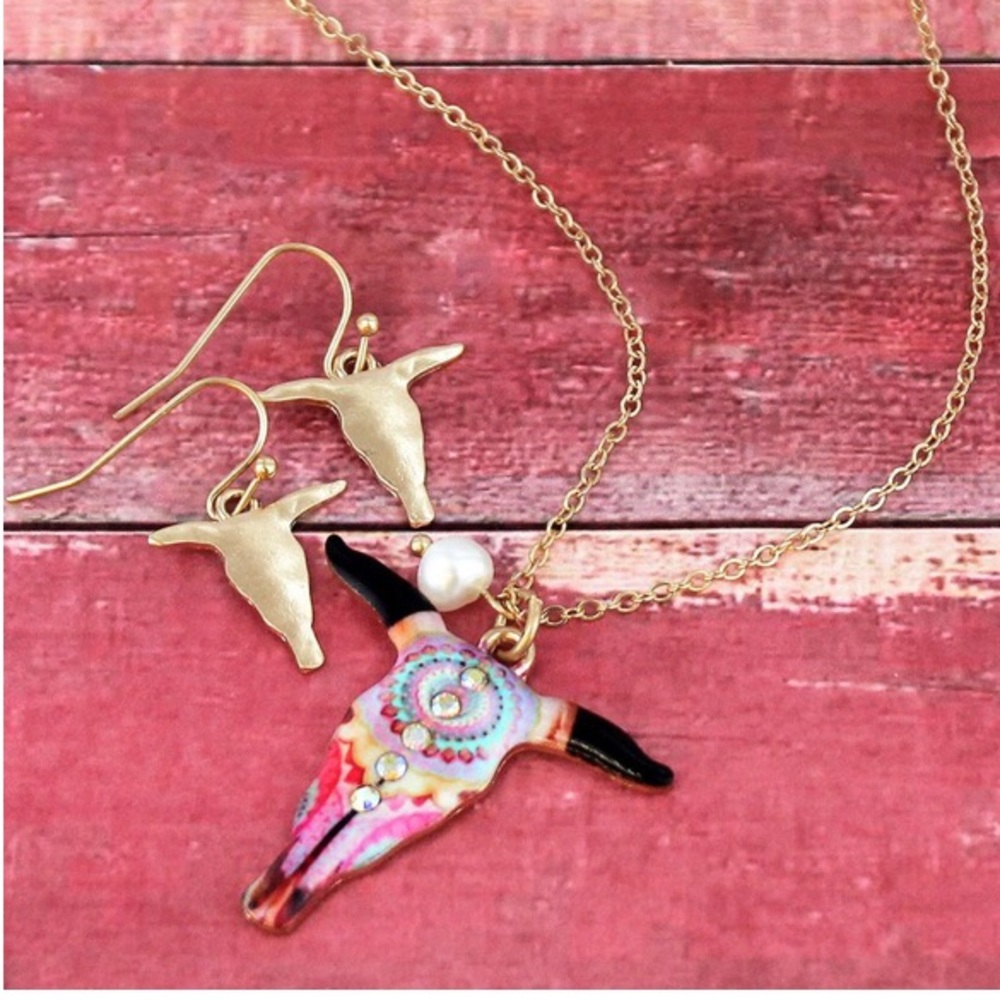 Crystal Mandala Steer Head Necklace set